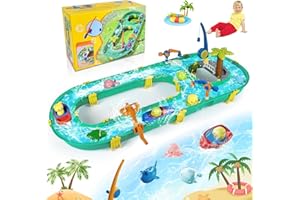 JONRRYIN Water Table Toys, Kids Outdoor Water Table Toys Water Activity Table Large Water Park Playset with 2 Boats, Lifting Pole and Fishing Feature for Kids in Summer Outdoor Beach Play (40 pcs)