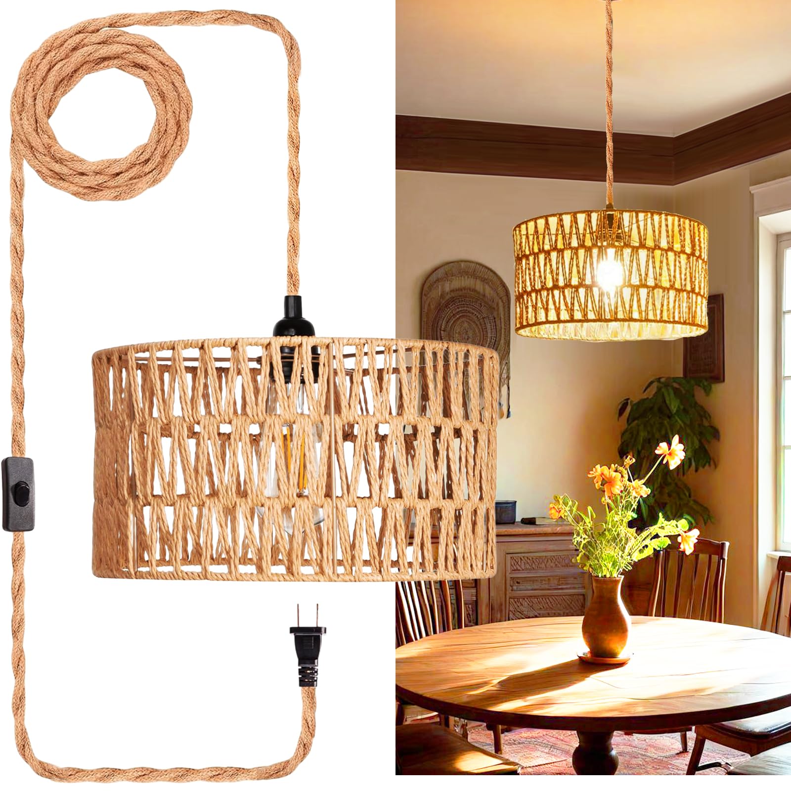 Photo 1 of Eqquorva Plug in Pendant Light,Rattan Hanging Lights with Plug in Cord,Handmade Hanging Lamp Plug in,Rattan Light Fixtures Ceiling Hanging for Living Room Bedroom