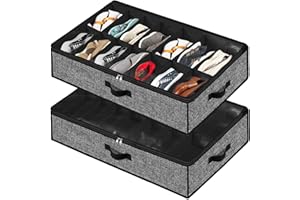 Meerainy Under Bed Shoe Storage Organizer for Closet 2 Pack- Fits 28 Pairs Underbed Shoes Container Boxes with 2 Sturdy Handles and Clear Window,Foldable Shoe Rack Holder,Black