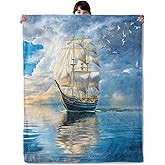 onlcuk Majestic Sailing Ship Blanket, Cozy Flannel Vintage Sailboat Throw Blanket, Soft Fuzzy Blankets for Travel Decor, All Season Lightweight Couch Bed Cover, Gifts for Women Adults Kids 50"×60"