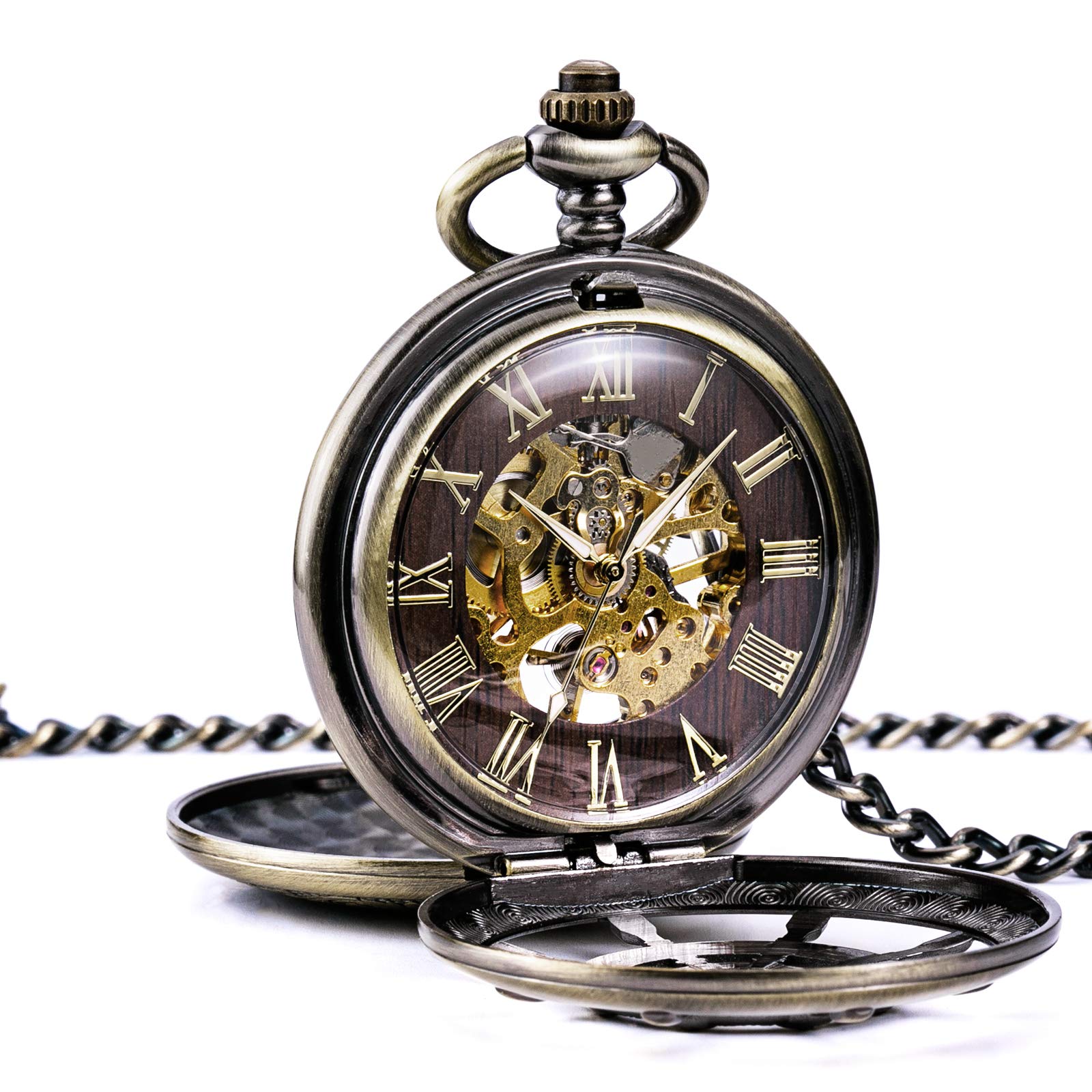 TREEWETO Bronze Rudder Pocket Watch Double Cover Roman Numerals Dial Skeleton Man Women Pocket Watches for Men