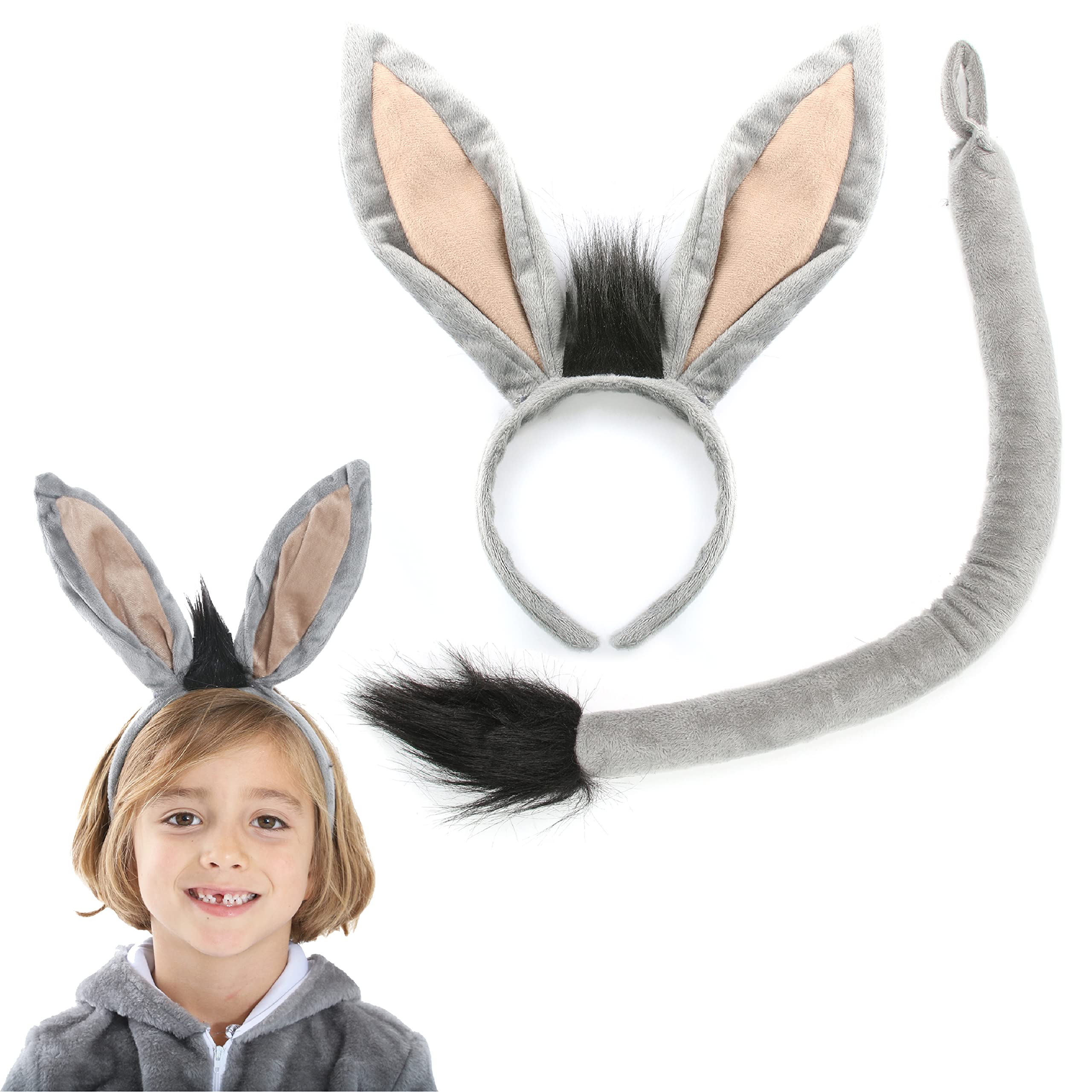 Donkey Ears and Tail Costume Set - Pack Of 1 - Grey Donkey Ears on a Headband and a Long Grey Donkey Tail with a Black Tip - Adults Kids Nativity Fancy Dress Accessory Set