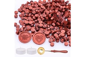 Metallic Red Gold Sealing Wax Beads, ZRCHLS 370 Pieces Octagon Wax Seal Beads Kit with A Melting Spoon and 2 Candles for Seal Stamp for Gift & Envelope Sealing, Wedding Invitation