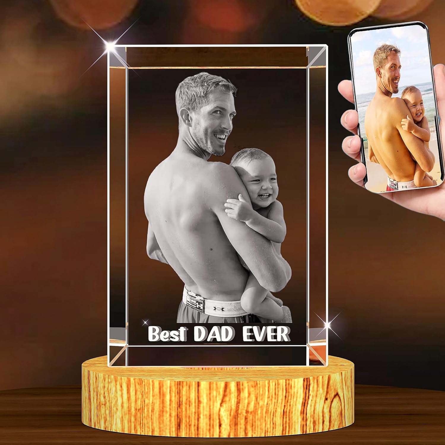 Photographs - 3D Crystal Photo Personalized 3D Engraved Photo Crystal 3D Picture in Crystal with Light Base Custom Rectangle Crystal Gifts with Photo for Mom Dad Christmas Anniversary