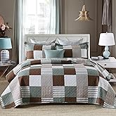 Y-PLWOMEN Quilt Set King Size, 3-Pieces - 100% Cotton King Quilt, Brown Green White Patchwork Plaid Quilt King Size, Lightweight Reversible Soft Bedspreads All Season