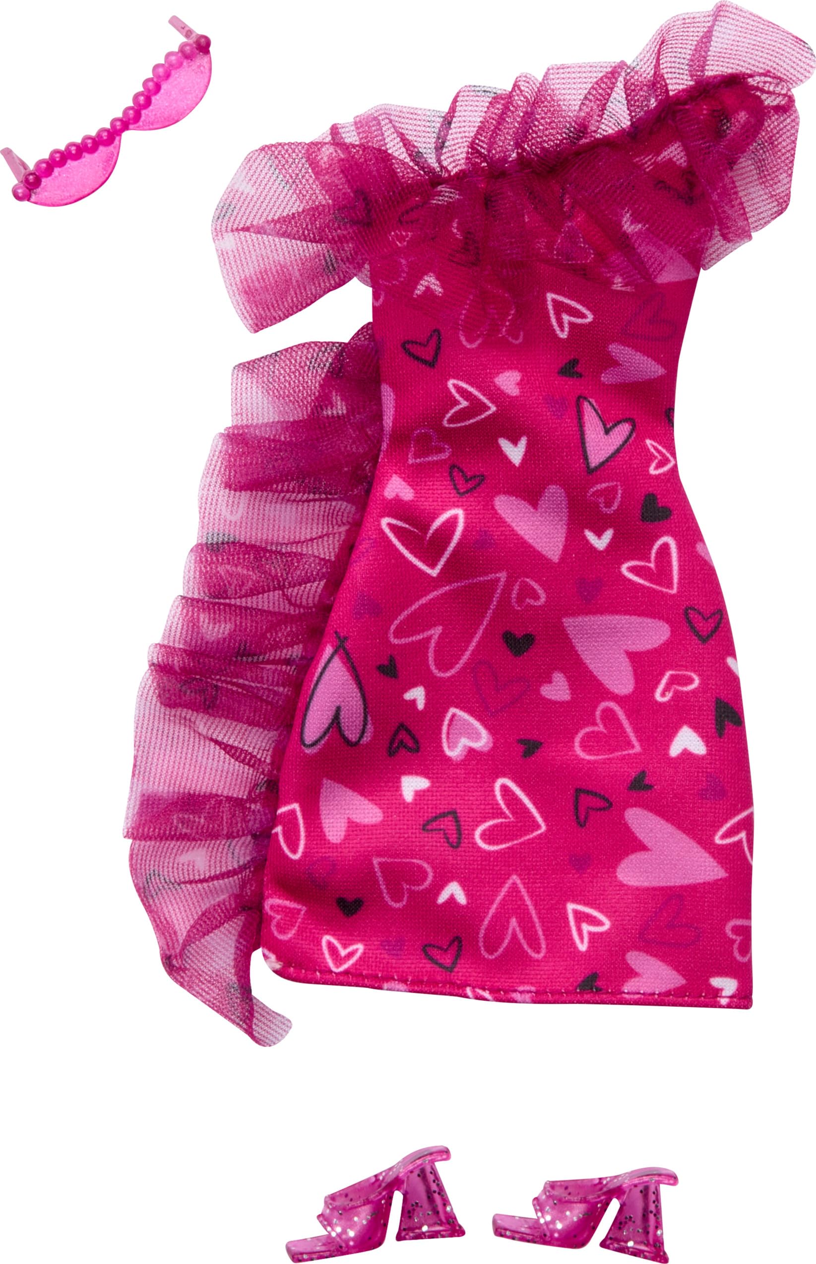 Mattel - Barbie Doll Clothes - Pack 1 - Heart Print Ruffle Evening Dress, Glasses, Pink Heels, Versatile Clothes - Party