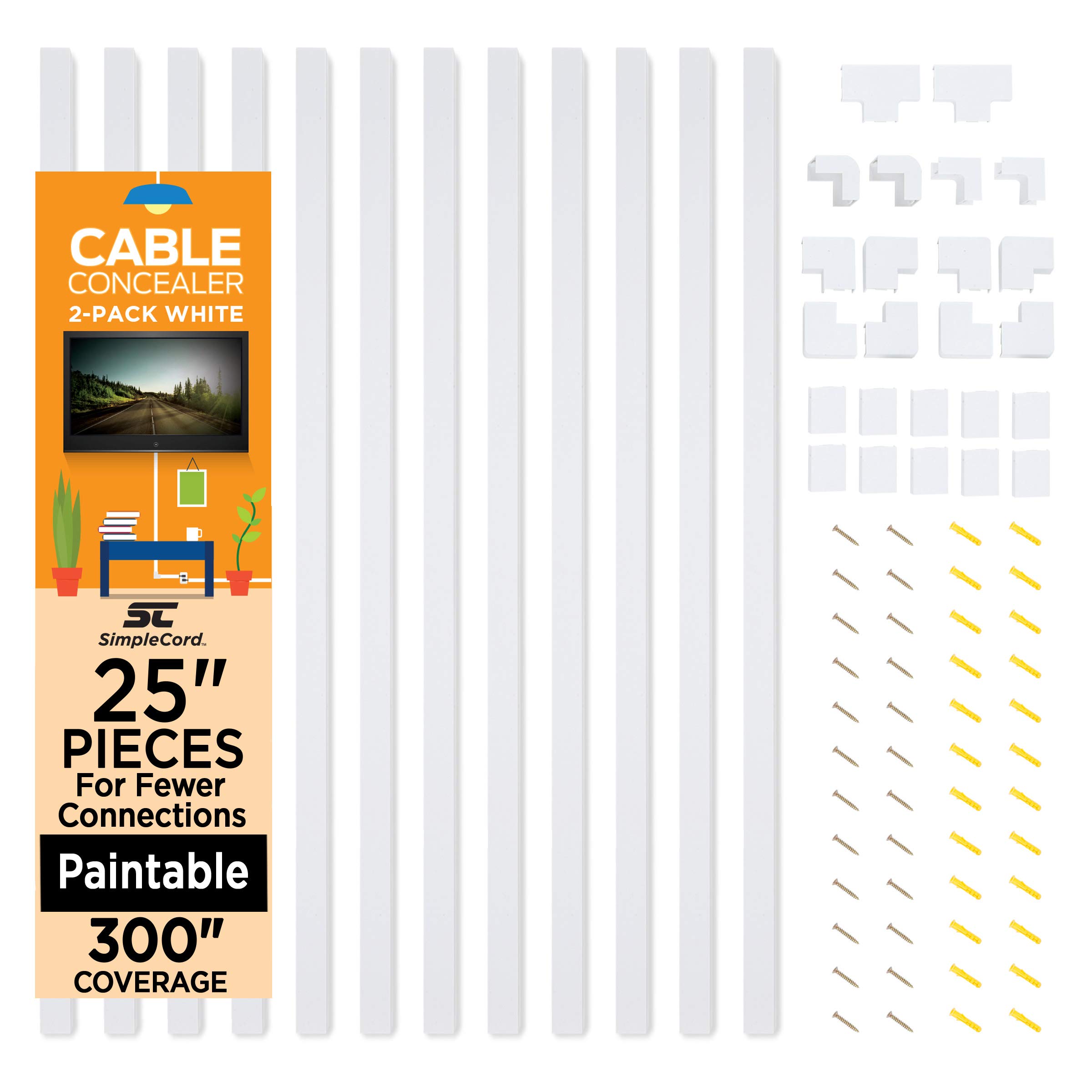 SimpleCord Cable Concealer On-Wall Cord Cover Raceway Kit (White 2 Pack)