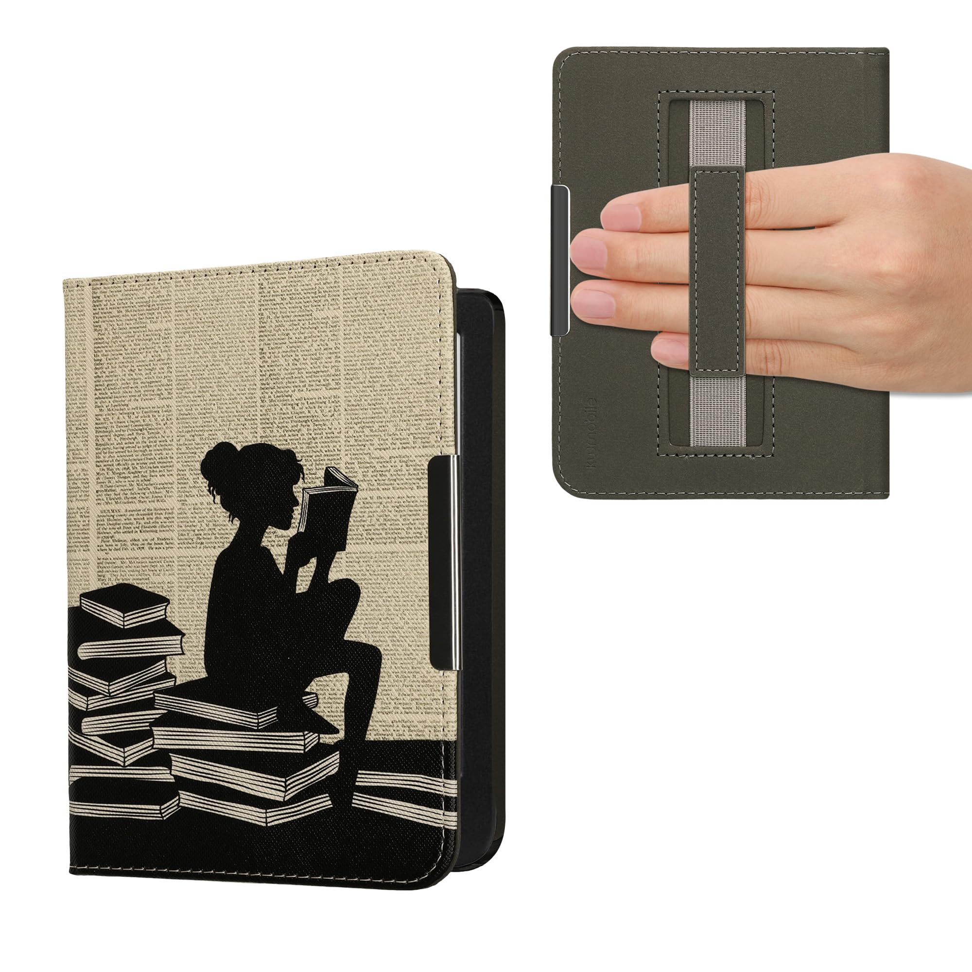 kwmobile Cover for Kobo Clara BW/Colour Case - eReader Cover with hand strap and auto sleep funktion - Girl and Books with Black/Beige