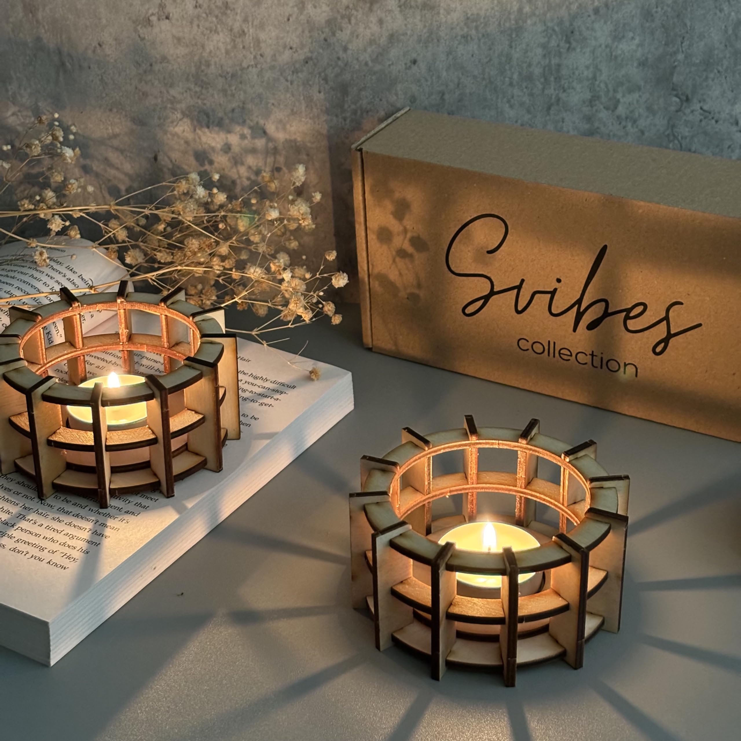 Contemporary Candle Holders Set of 2 | Plywood Tea Light Holders With 2 Tealights | Handcrafted Neutral Home Decor Gift