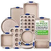 NutriChef 10-Piece Nonstick Bakeware Set - Premium Carbon Steel Baking Pan Set w/Heatsafe Silicone Handles, Includes Pizza Crisper, Loaf Pan, 12 & 24 Cup Muffin Pans, Cake Pans, Cookie Sheets