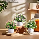 Yarmare 3 Pack Small Fake Plants Artificial Potted Flowers for Indoor Mini Faux Plants with Flowers Greenery for Home Decor Living Room Bathroom Bedroom Office Table Shelf (White+Pink+Purple)