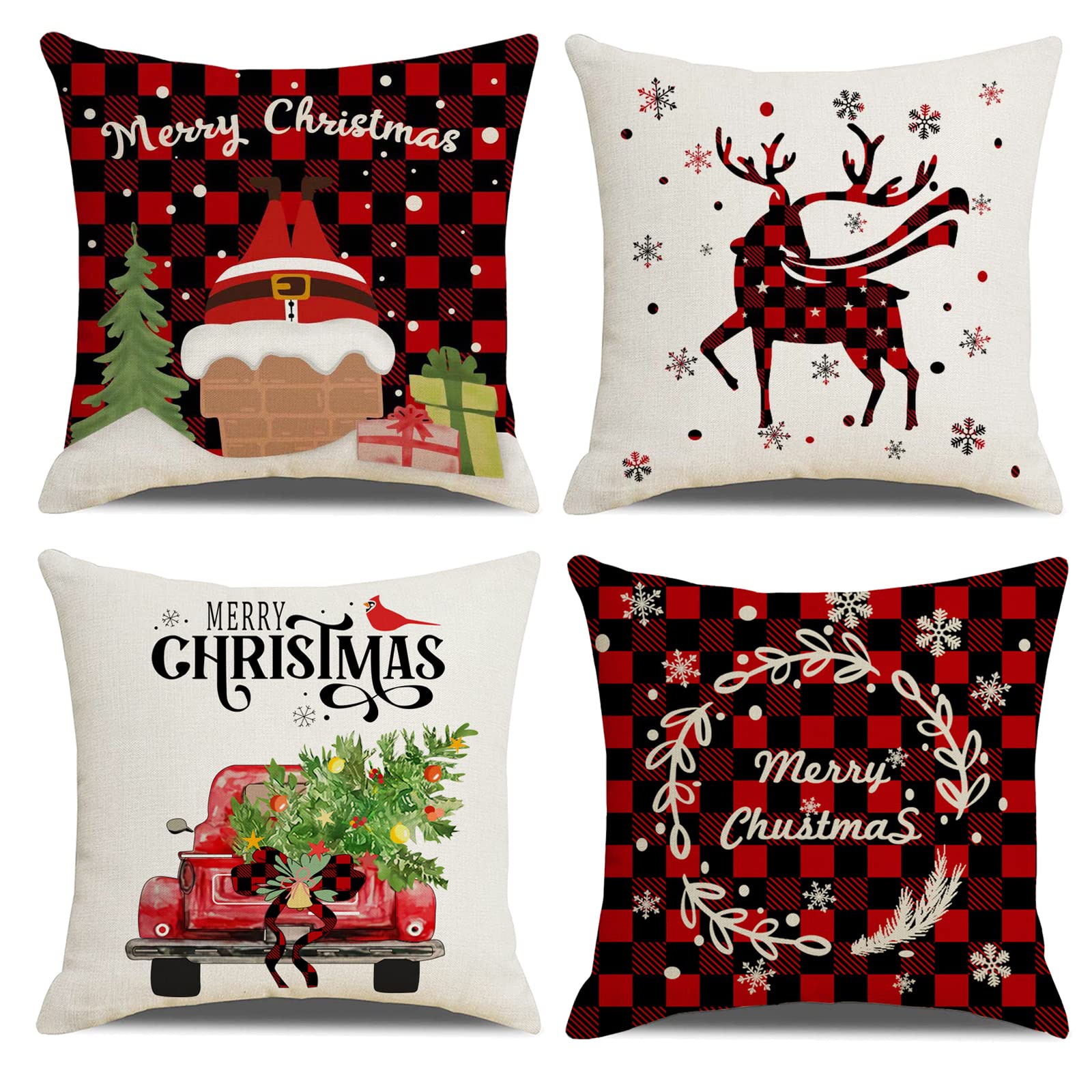 OCEUMACO Linen Cushion Covers 45 x 45 cm for Sofa Set of 4 Square Christmas Checked Throw Pillow Cases 18x18 Inches Outdoor Decorative Xmas Tartan Deer Pillowcases Cushions Cover - Red Black