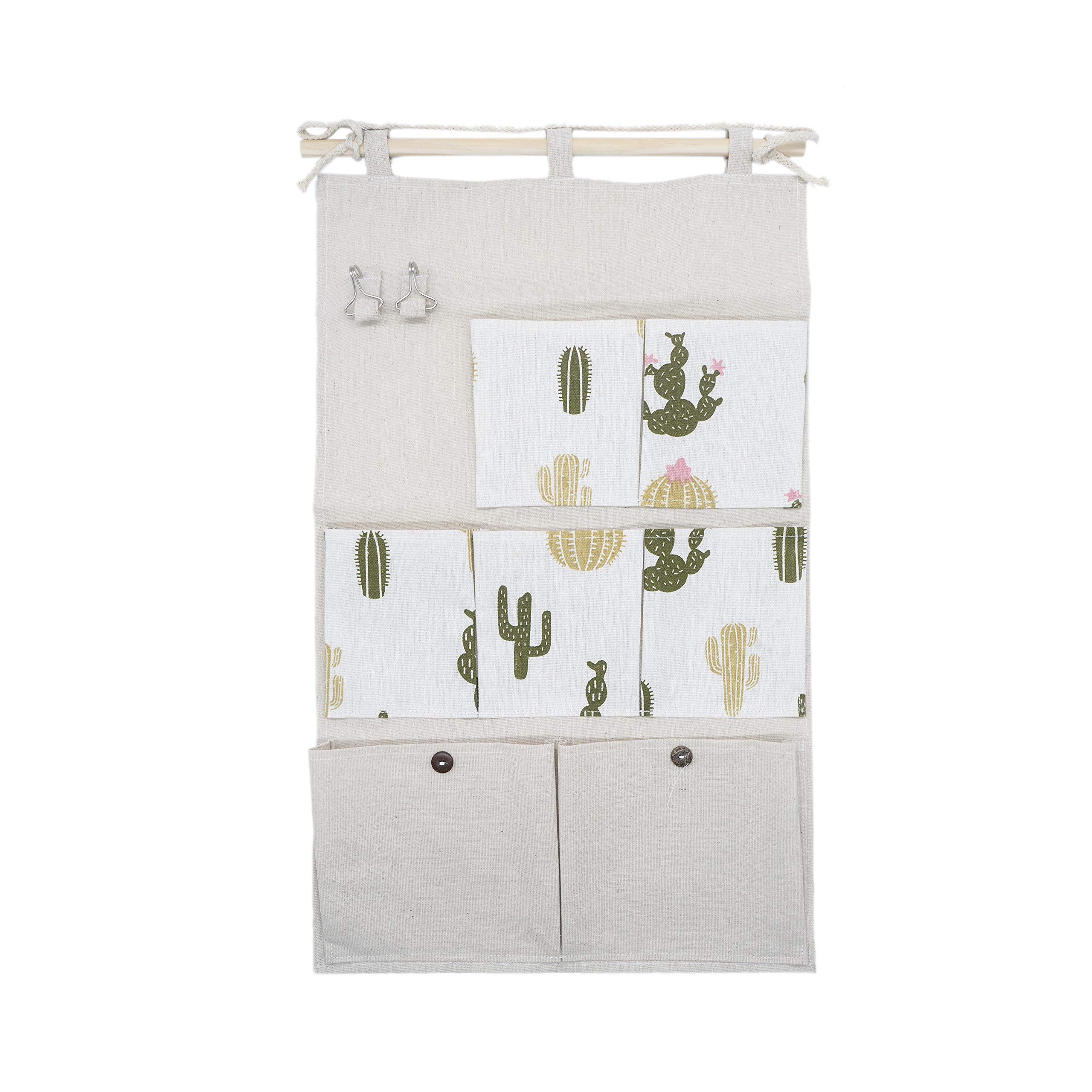 Anzirose Linen/Cotton Fabric Wall Door Hanging Storage Case Organizer Pockets Multipurpose with 7 Pockets 2 Key hooks Cactus