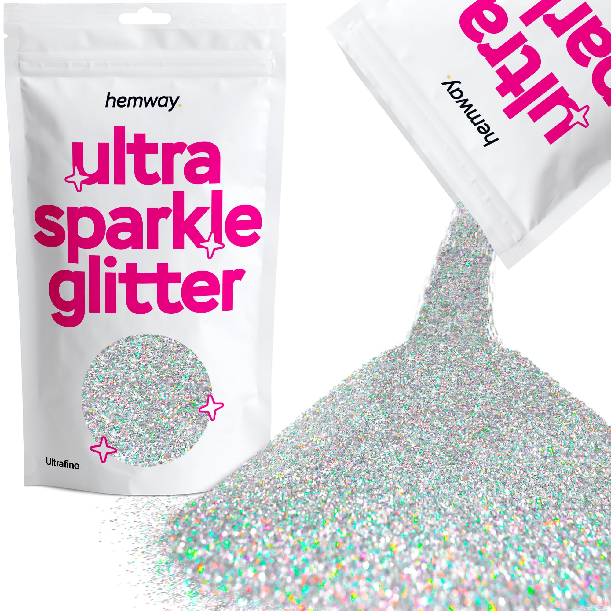 Hemway Ultra Sparkle Glitter Silver Holographic 100g Ultrafine | Glitter for Arts & Craft, Makeup, Nail Art, Crafting, Card Making, Sparkle Decoration