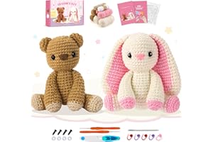 FIGHTING TO ACHIEVE Crochet Kit for Beginners, Bunny and Bear Crochet Animal Kit with Step-by-Step Video Tutorials, Crocheting Kit for Starters, Beginner Crochet Kit for Kids and Adults, DIY Stuffed Animal Knitting Kit