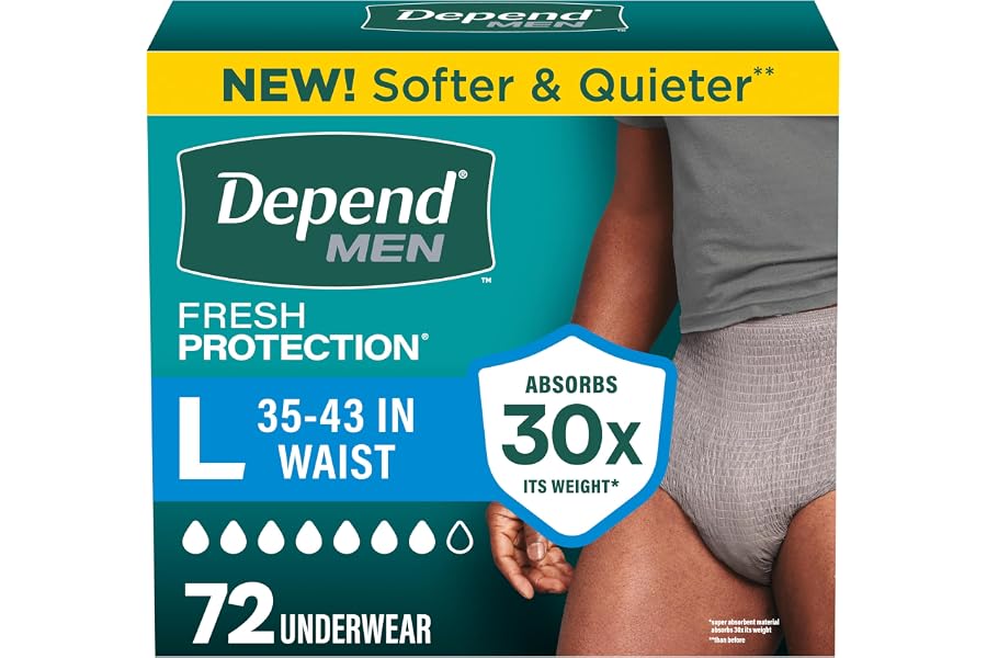 Depend Fresh Protection Adult Diapers, Incontinence Underwear for Men, Disposable, Maximum, Large, Grey, 72 Count (2 Packs of