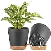 FaithLand 2-Pack 8 Inch Planter Pots for Indoor Outdoor Plants, Self Watering Flower Pots with Deep Reservoir, Black with Ter