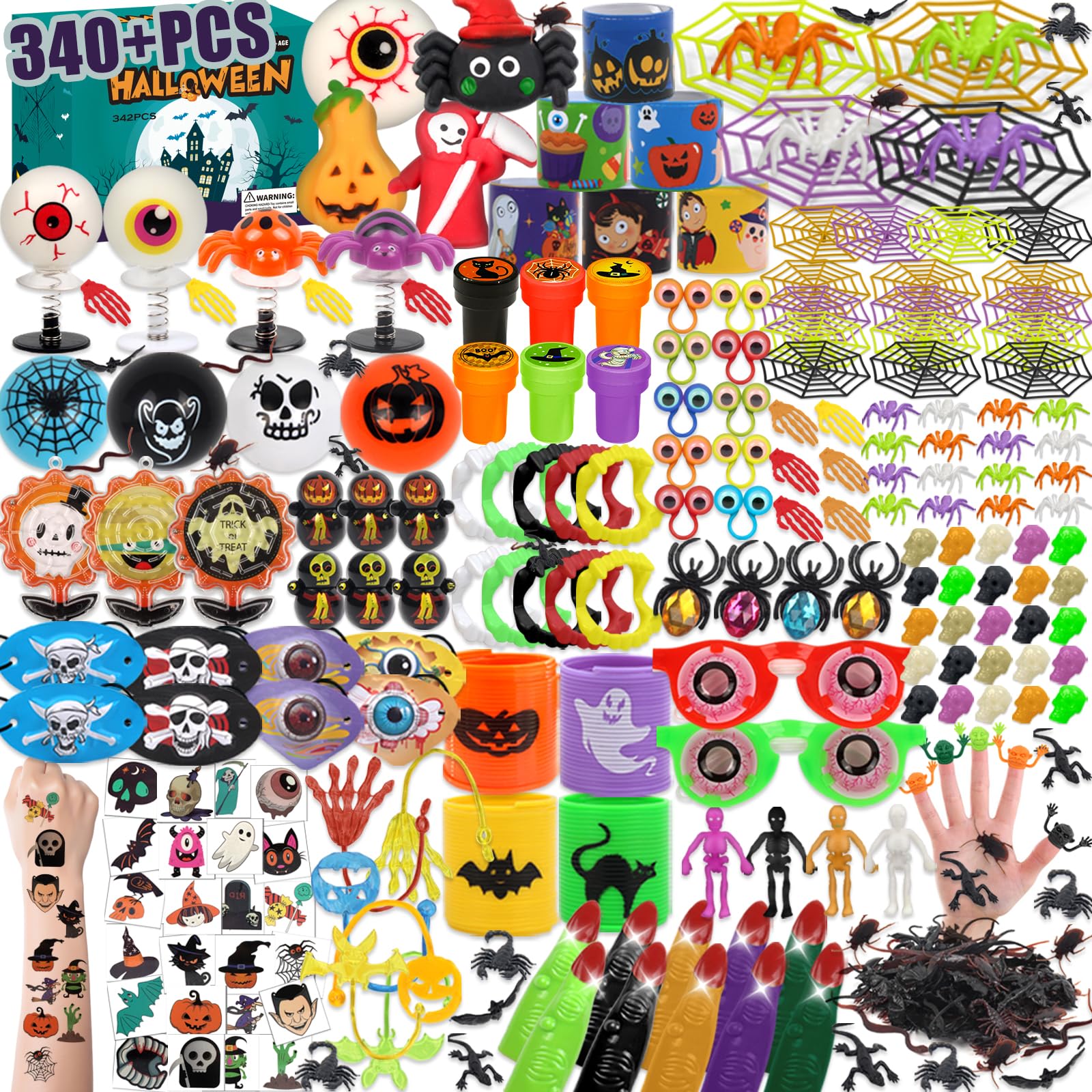 Photo 1 of 342 PCS Halloween Party Favors for Kids, Halloween Goodie Bag Stuffers Treat Bags Fillers, Carnival Prizes for Kids Bulk Small Toys Gift Classroom, Treasure Chest Box Toys Prizes for Trick or Treat