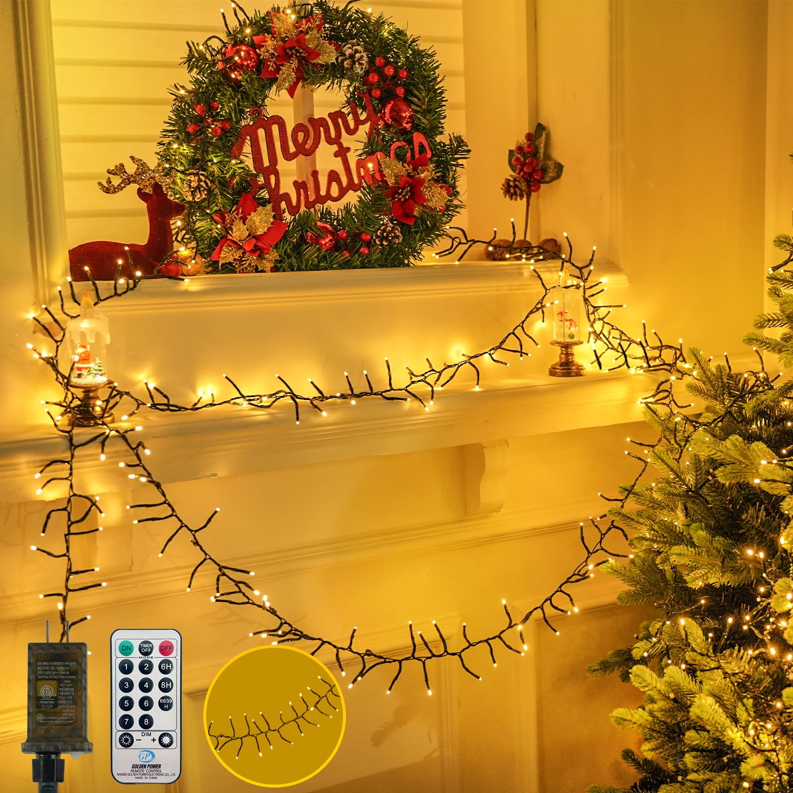 Photo 1 of 100FT 2000 LED Cluster Christmas Lights, Christmas Tree Lights Outdoor Indoor with 8 Modes & Timer & Remote, Firecrackers String Lights Waterproof for Garland Party Xmas Decorations, Warm White