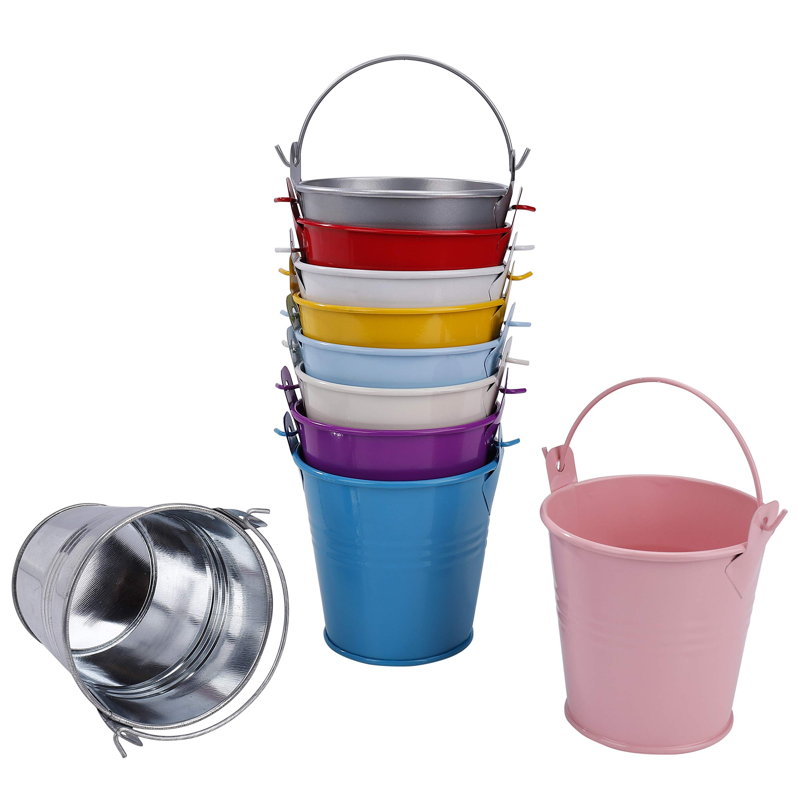 Small Metal Buckets Colorful, Galvanized Tinplate Tin Pails with Handles 10Pack/ 7.5cm Height for Party Favor, Wedding, Candy Box, Votive Candles, Trinkets, Mini Plant Pot Garden Container