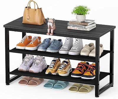 SIMPDIY 3 Tier Shoe Rack with Wooden Shelf Black 150kg Load Capacity