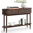 LINSY HOME Fluted Console Table, Mid-Century Modern Entryway Cabinet with Sliding Tambour Doors, Narrow Long Sofa Table, Behind-The-Couch Table for Living Room, Hallway (Brown Oak)