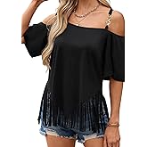 Remidoo Women's Fringe Shirt Off Shoulder Top Oversized Short Sleeve Western Tee