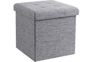 Ornavo Home Foldable Tufted Linen Storage Ottoman Square Cube Foot Rest Stool/Seat - 15" x 15" x 15" (Grey)