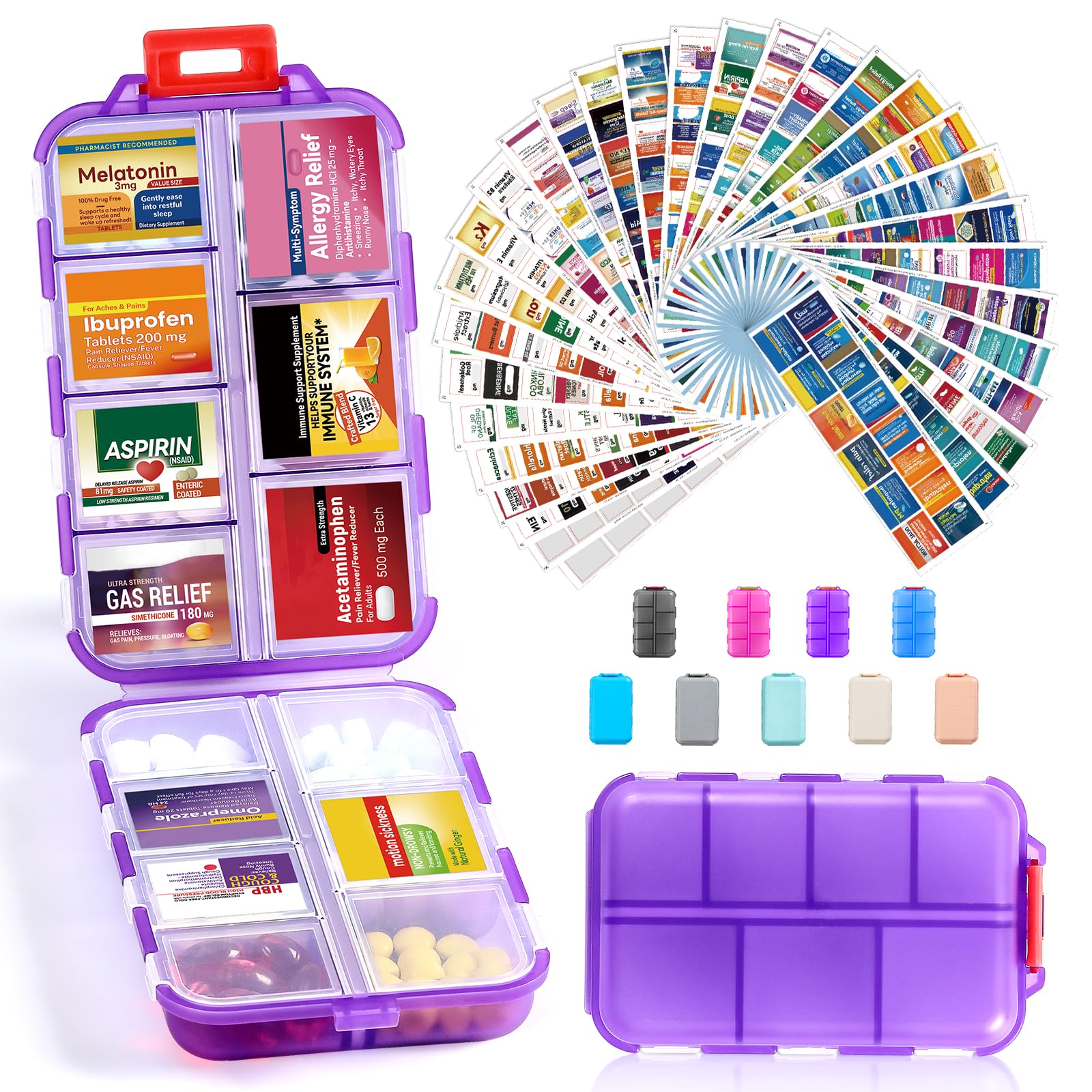 Photo 1 of 14 Grids Travel Pill Organizer Box with 415-Pcs Medicine Name Labels, Pocket Daily Pharmacy Case Container, Travel Medication Holder Dispenser Kit for Fish Oil Vitamin Supplement Storage -Clear Purple