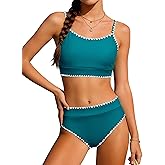 ZAANTI Girls Swimsuit Two Piece Solid High Waisted Bikini Contrast Trim Girls Bathing Suit for Teens with Chest Pad 9-16Y