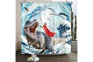 Dtekoj Funny Cat Dinosaur Kids Shower Curtain, Hilarious Cool Cat Ride Dinosaur Wave Boy Bathroom Decor, Blue Fabric Shower Curtain with 12PCS Hooks, 70X70IN