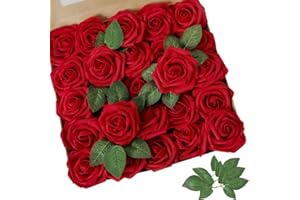 AmyHomie Artificial Flower Dark Red Rose 25pcs Real Looking Fake Roses w/Stem for DIY Wedding Bouquets Centerpieces Arrangements Party Baby Shower Valentines Day Christmas Tree Decorations