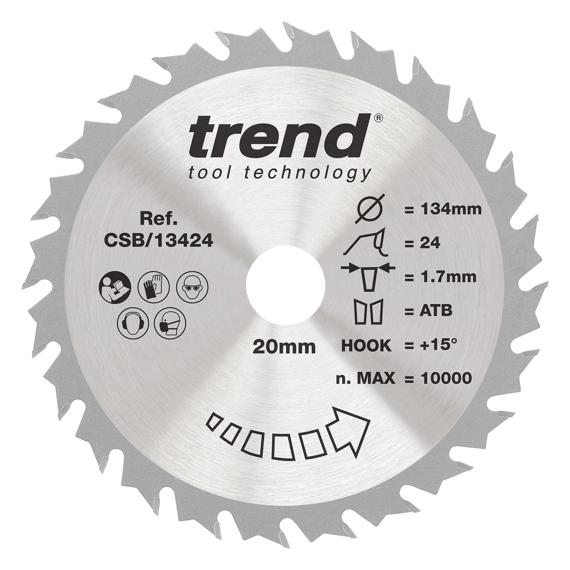 Trend Wood Circular Saw Blade, 134mm Diameter, 20mm Bore, 24 Teeth, 1.7mm Kerf, +15° Hook, TCT, Medium Finish, CSB/13424