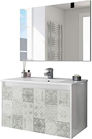 ARKITMOBEL 305034BO - Mueble de baño Due Dos Puertas con Estampado baldosas, modulo Lavabo Colgante Color Blanco Brillo y Arlo (Mosaico hidráulico), Medidas: 80cm (Ancho) x 48cm (Alto) x 45cm (Fondo) 