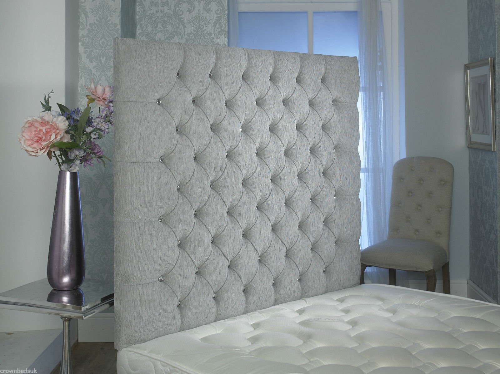 CROWNBEDSUK CHESTERFIELD WALL HEADBOARD CHENILLE IN 2ft6,3ft,4ft,4ft6,5ft,6ft Height 44'' MATCHING BUTTONS (6FT SUPER KINGSIZE, Light Grey) โ image 1