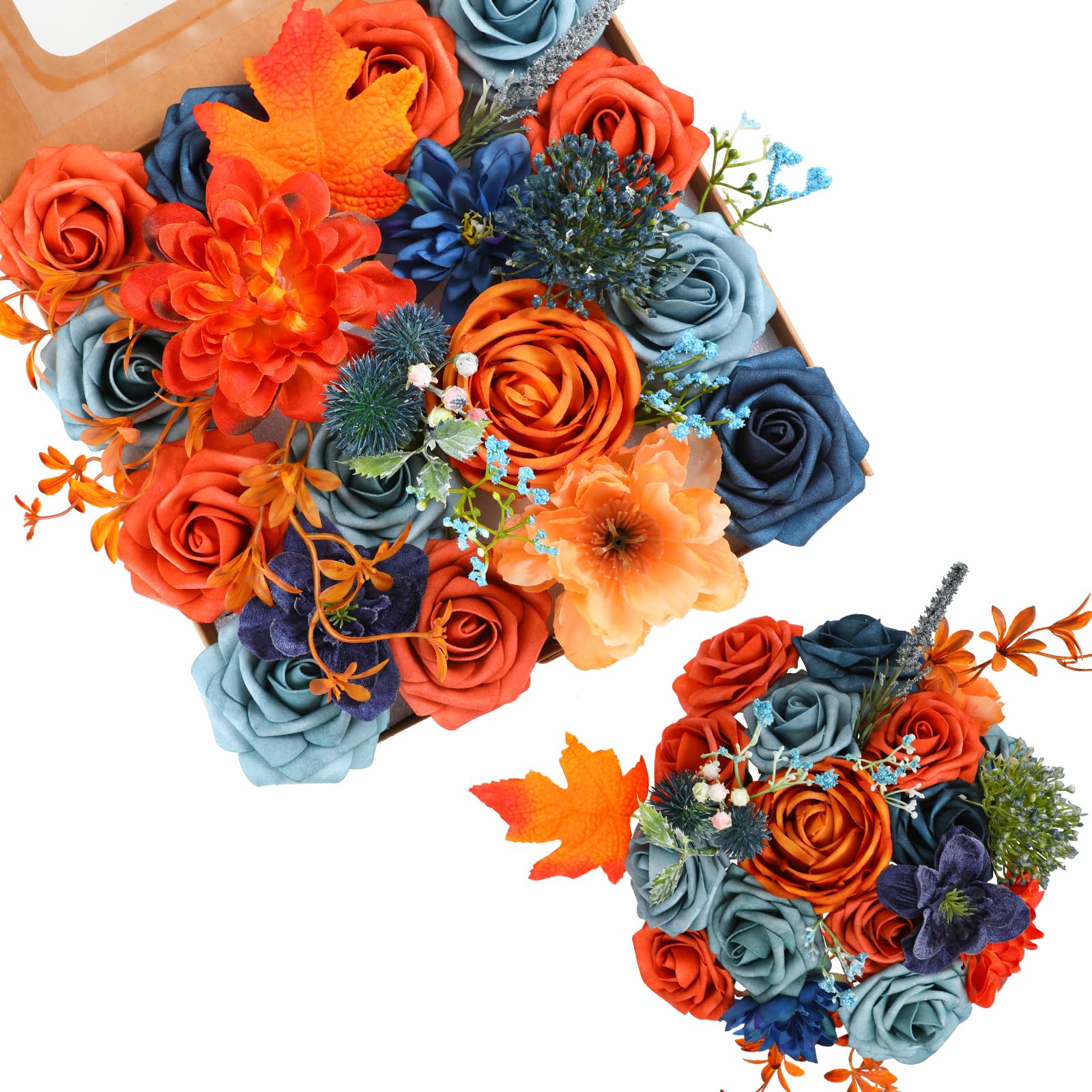 Kisflower orange-blue Artificial Flower Combo Fake Rose Faux Dahlia Flowers with Stems for DIY Wedding Bridal Bouquet Party Home Decorations