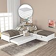 Merax Storage Daybed with Trundle, Twin Size L-Shaped Platform Bed with Convertible Trundle, Two Drawers and Built-in Desk for Living Room, Bedroom, Guest Room, No Box Spring Needed (White)