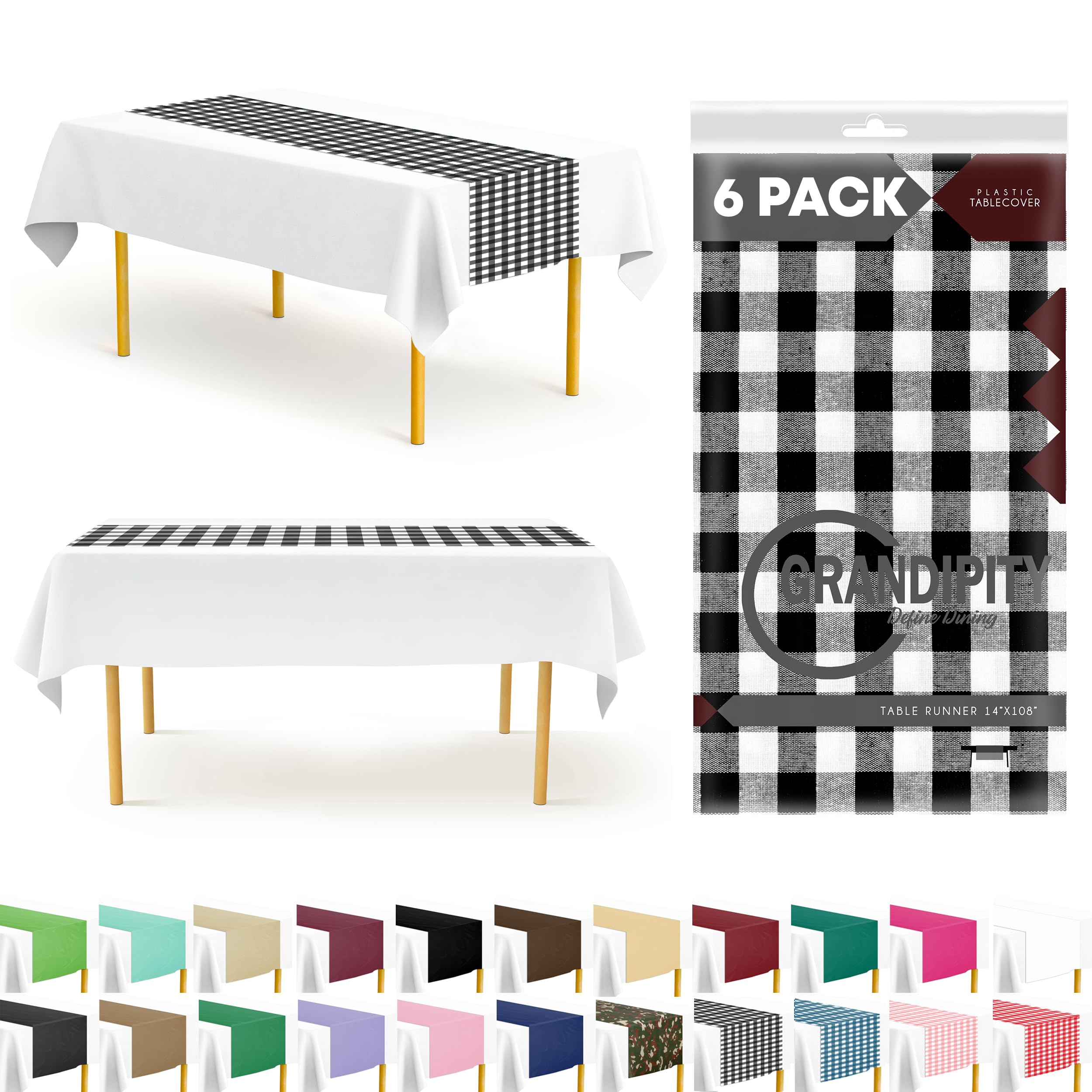 Black Checkered 6 Pack Gingham Premium Disposable Plastic Checkered Racing Flag Table Runner 14 x 108 Inch. Table Runner for Dinner Parties & Events By Grandipity