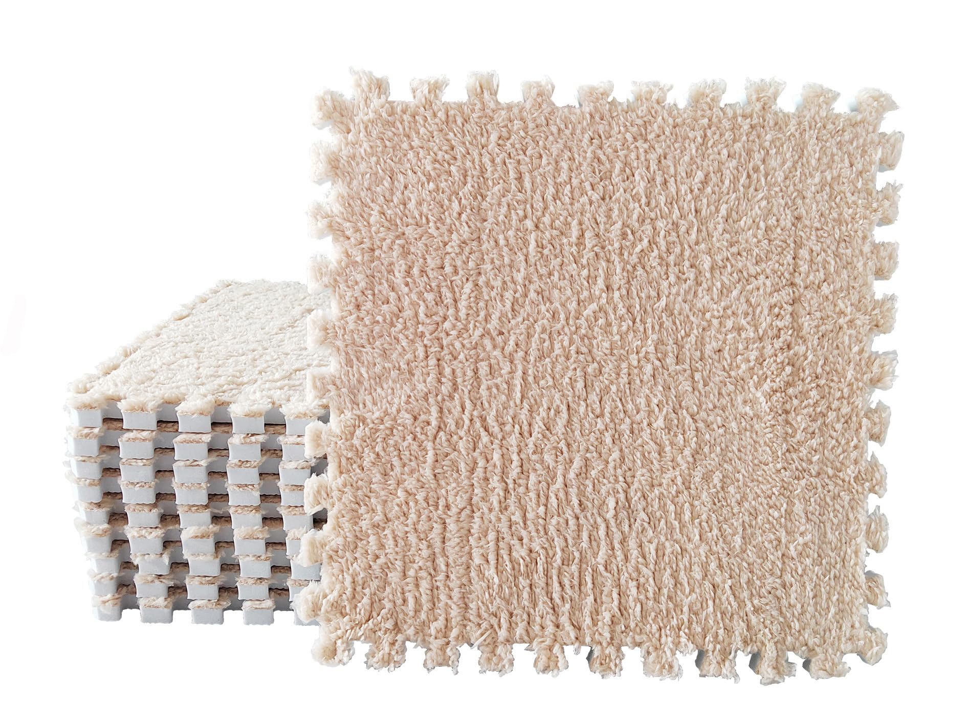 Photo 1 of 12 pcs Shaggy Soft EVA Foam Interlocking Carpet Fluffy Rugs Protective Floor Tiles Sport Play mats for Home Parlor, Bedroom, Children Kids Room (Khaki)