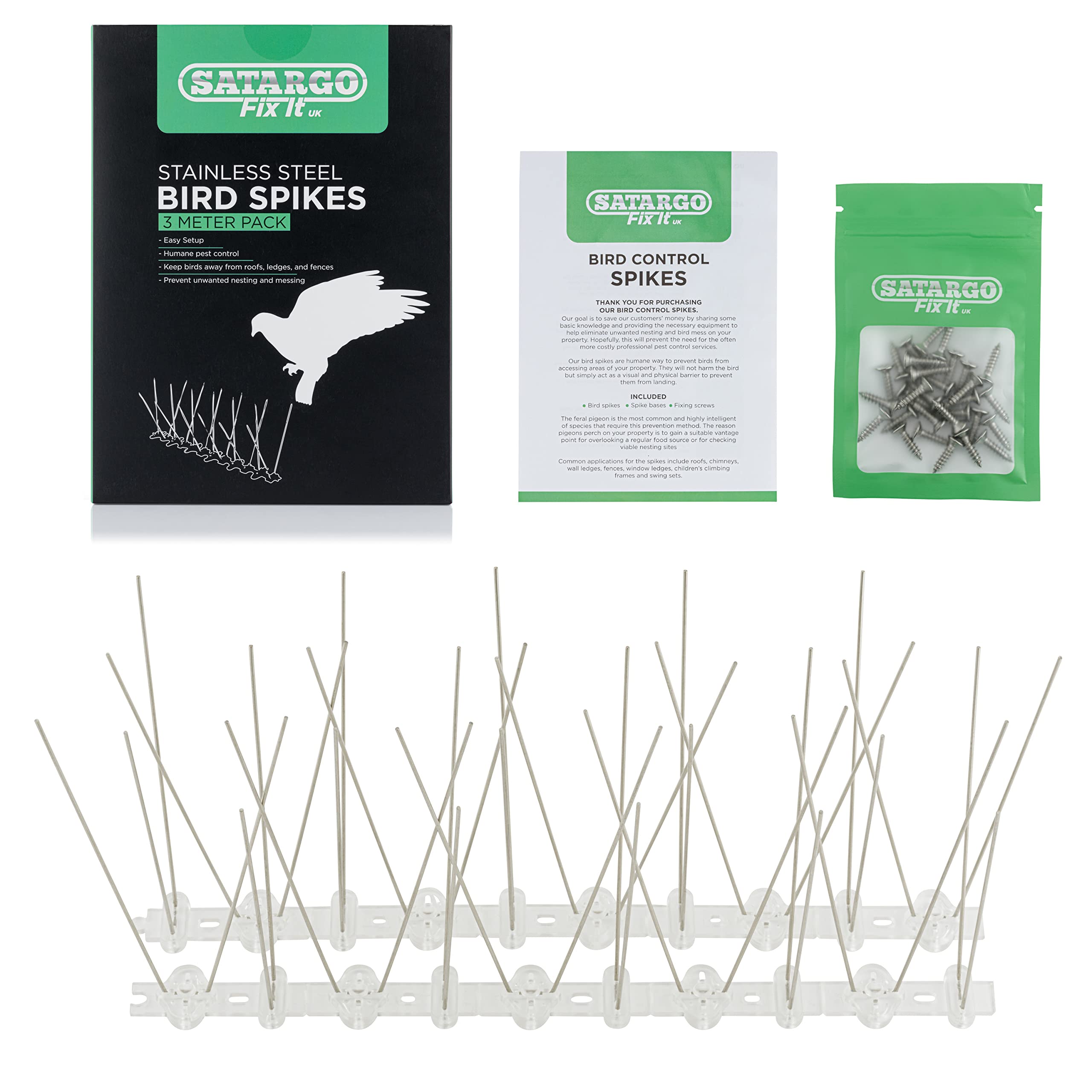 Satargo Bird Spikes Stainless Steel Pigeon Spikes Bird Deterrent for Roofs and Windows, Fence Spikes for Anti Crows, Seagulls and Small Birds Repellent 3m