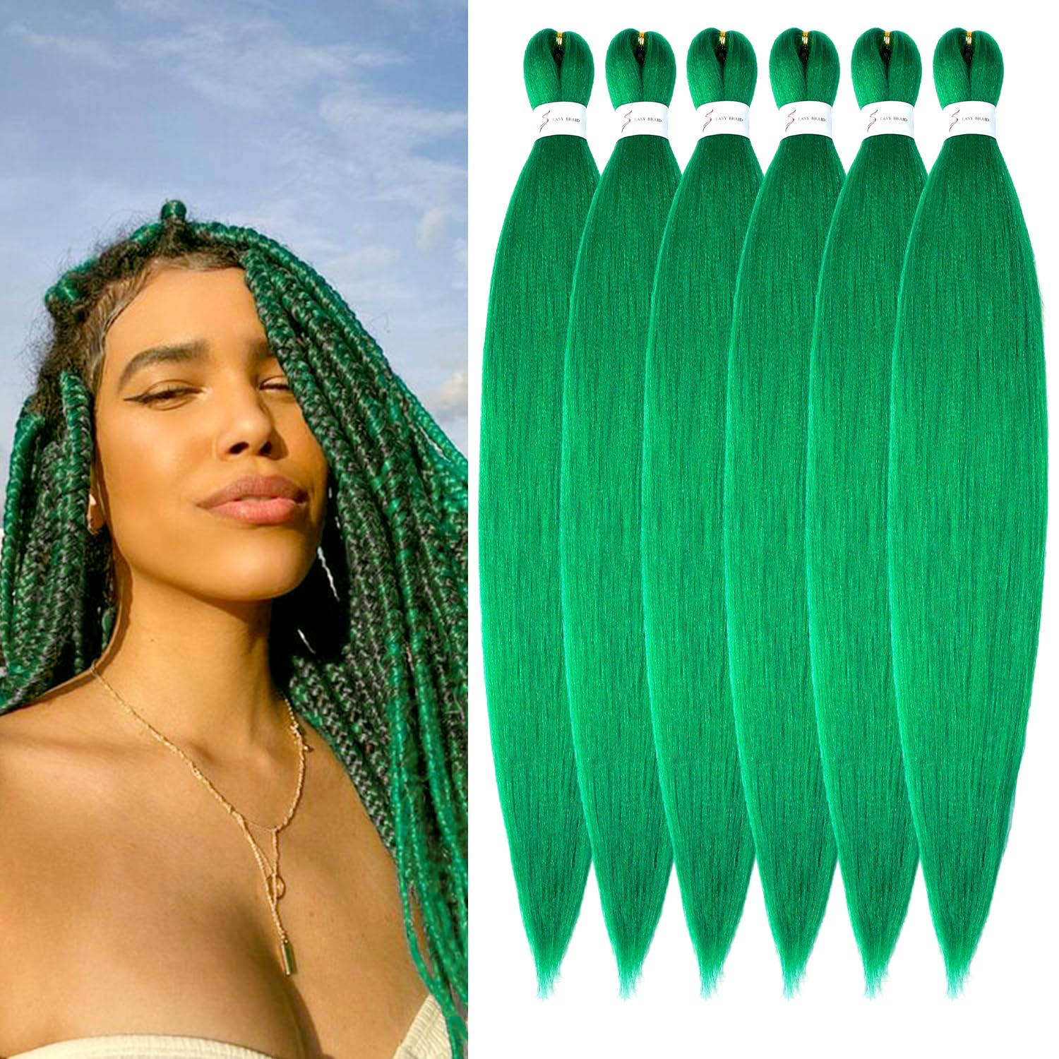 ShowJarlly Green Braiding Hair - 30 Inch Colored Braids, Pre Stretched, Soft Yaki, Natural, Hot Water Setting, 6 Packs — image 1