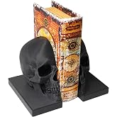 3D Printed Skull Bookends, Gothic Bookshelf Decor with Flat Bases, Black | Flat bases slide under books so their weight helps anchor the pair, adding bold gothic style to shelves.