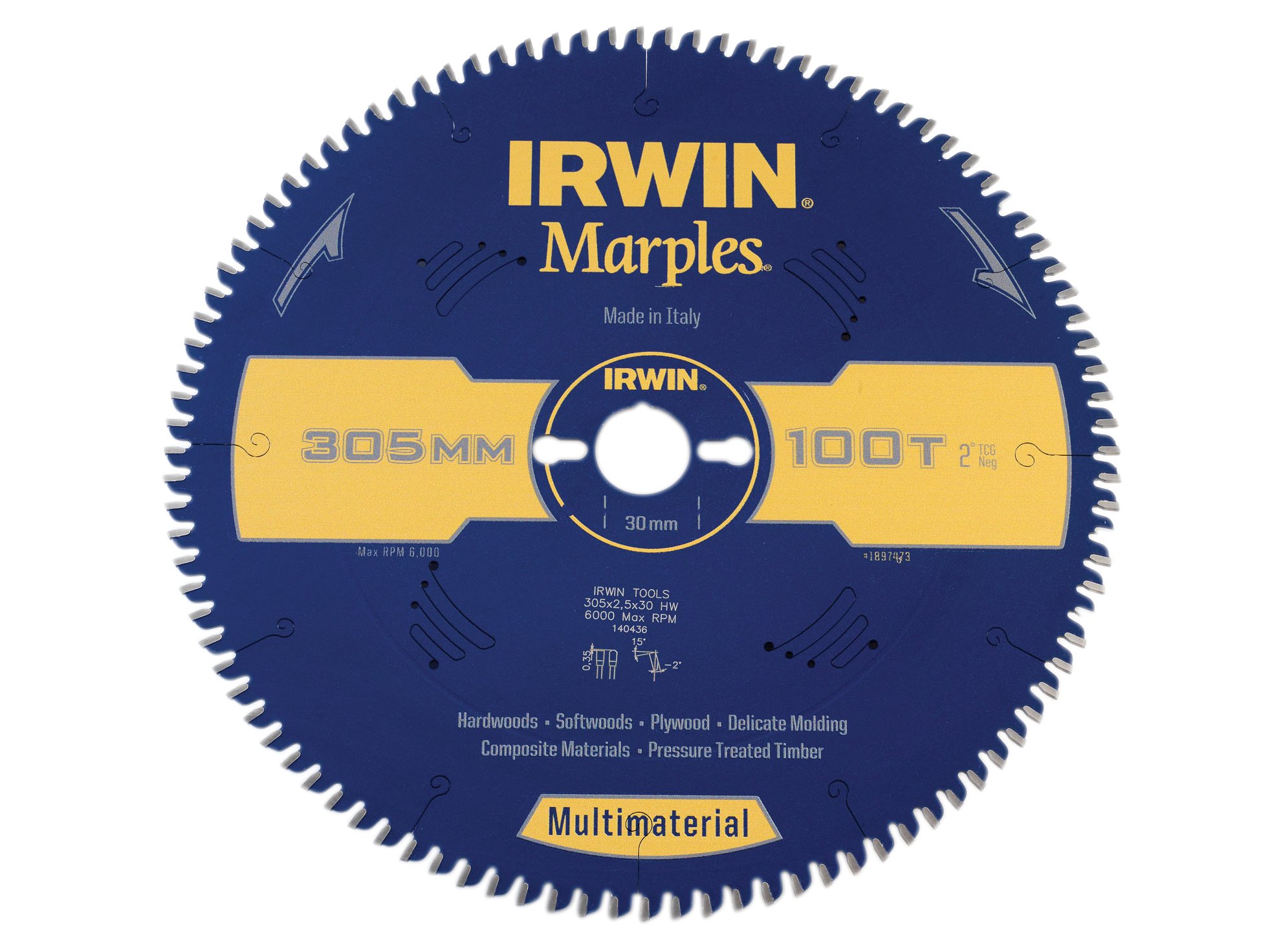 IRWIN IRW1897473 305 x 30mm 100-Teeth Irwin Marples Circular Saw Blade with TCG Teeth/ Negative Hook