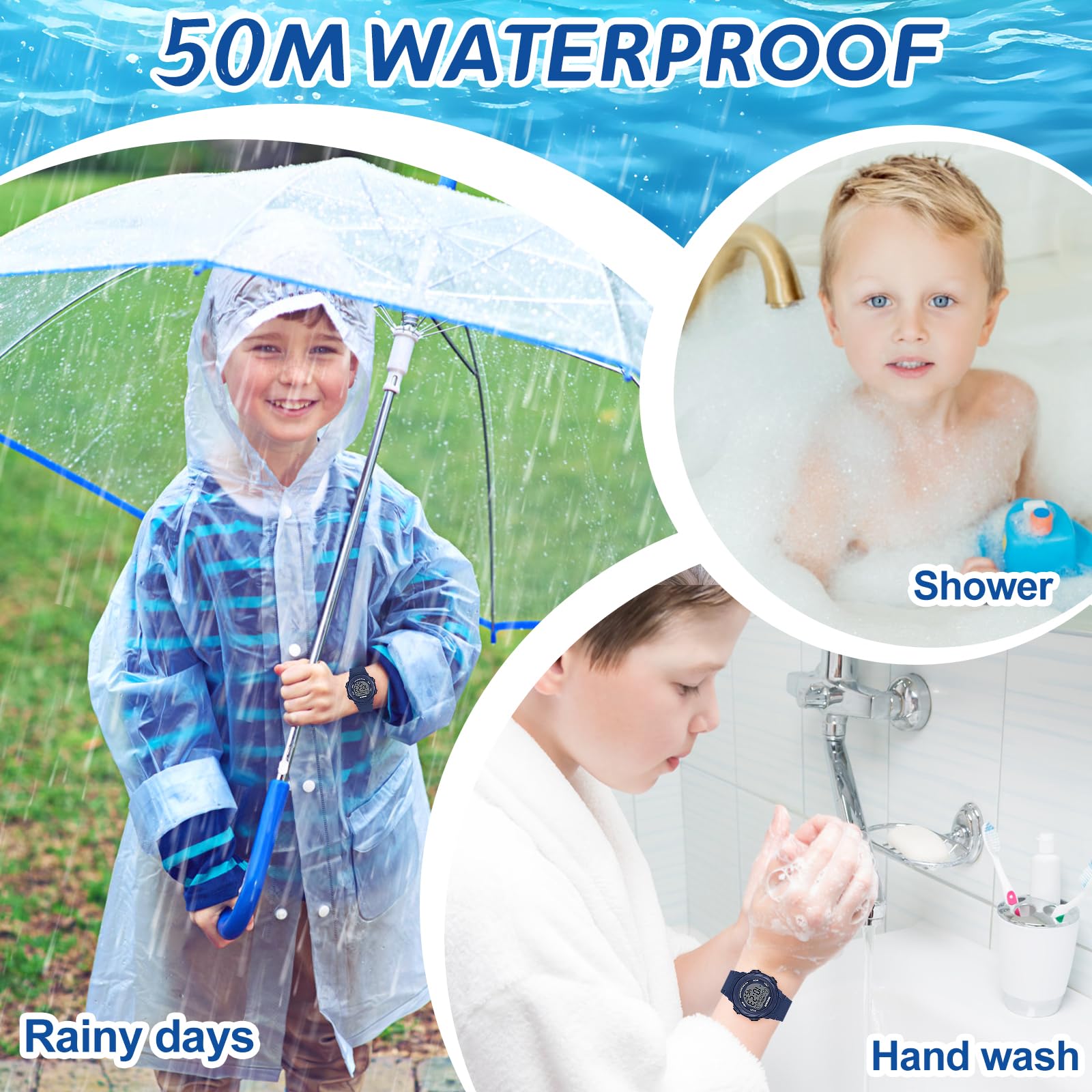 SOCICO Kids Digital Watches for Girls Boys, 5ATM Waterproof, 7 Color Lights Waterproof Watches for Kid with Alarm Stopwatch, Soft Band Wrist Watch Christmas Gifts for Kids Ages 5-12