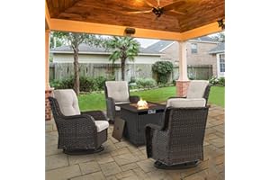 Belord 5 Pieces Patio Wicker Furniture Set - 4 Outdoor Swivel Rocker Glider Chairs with Propane Fire Pit Table, Warm Patio Conversation Set Beige Cushion Perfect for Casual Gathering