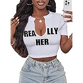 Hilinker Women's Sexy Graphic Crop Tops Short Sleeve V Neck T Shirts Summer Tees