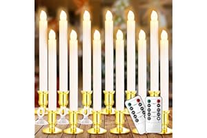 YAUNGEL Christmas Window Candles, 12 Pack Battery Operated Flameless Taper Candles for Windows with Timer Remote, Electric Candle Lights with Candle Holders Suction Cups for Christmas