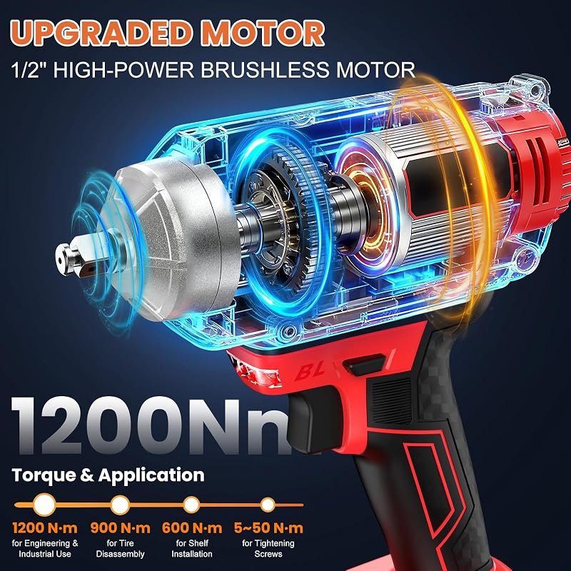 Clé à chocs sans fil 1200 Nm 3-en-1 / Visseuse à Chocs/Perceuse à Chocs – Couple Élevé 1/2" avec Moteur Brushless, 2× Batteries 4.0Ah, Douilles, Forets & Embouts – Idéal Auto, DIY & Travaux