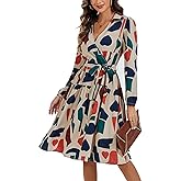 Kormei Women Floral Fall Long Sleeve Casual Mini Dress V-Neck A-Line Flowy Semi Formal Party Dresses with Belt
