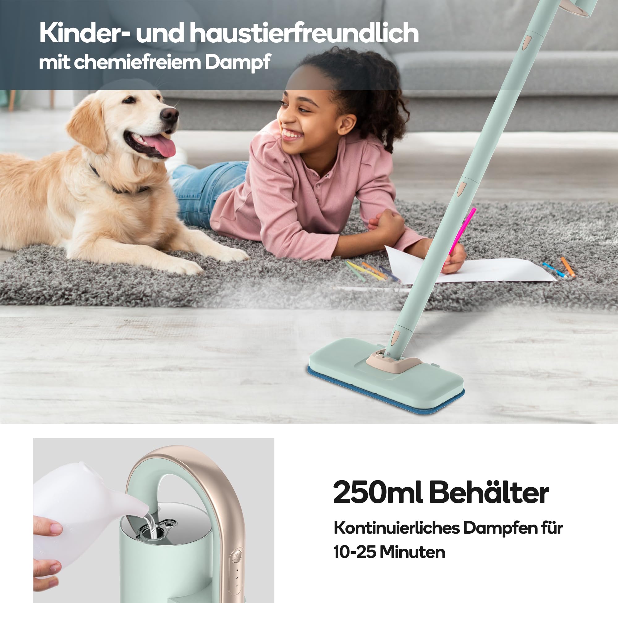 Newbealer 2-in-1 Dampfreiniger, 1200W Handgerät mit abnehmbarem Reiniger, 3 Dampfstufen, 7 Zubehörteile und 2 Mikrofaserpads, Ideal für Alle Böden, Teppiche 3